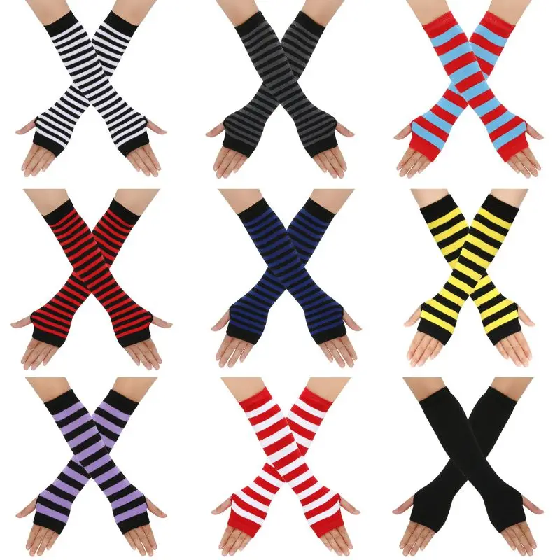 

Knitted Arm Warm Gloves Punk Goth Stripe Fingerless Gloves Autumn Winter Long Elbow Mittens False Sleeves Elastic Arm Warmers