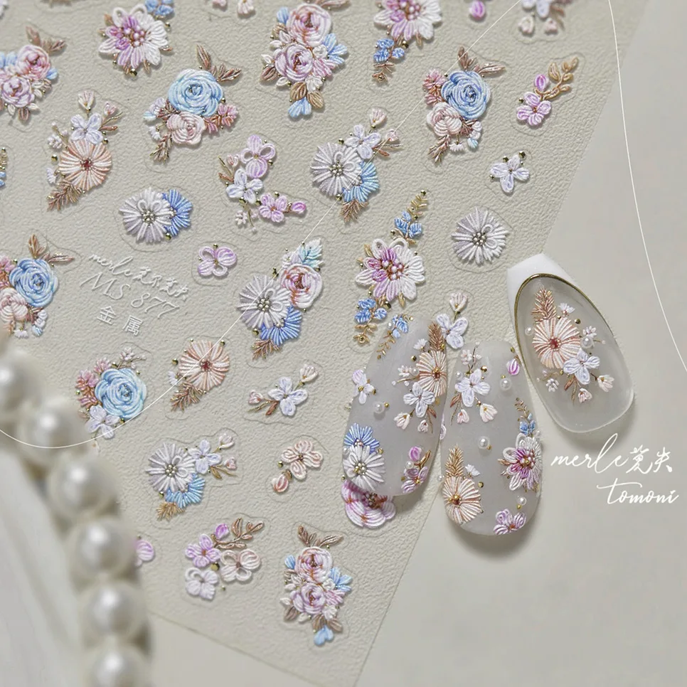 Classical Pink Blue White Embroidery Flower Bright-colored Blossom Geometry DIY Nail Art Stickers Chinese Style Manicure Decals