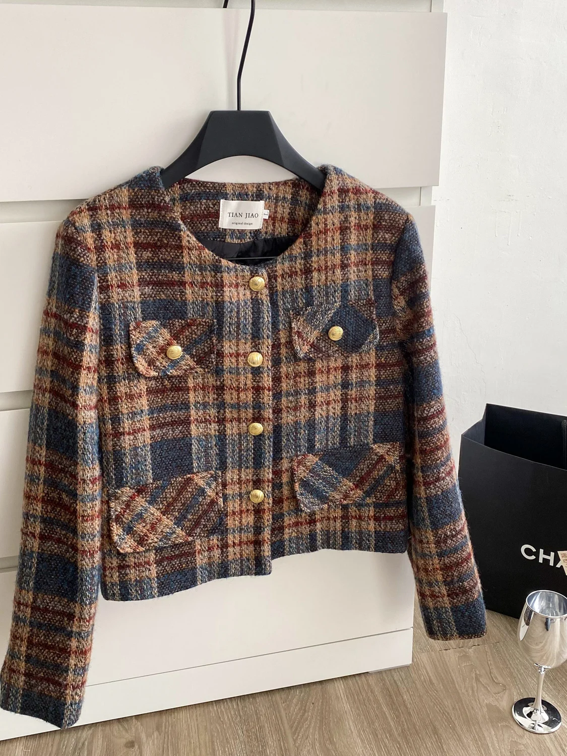 Ele ort Coat for Women round Ne Metal Bule Faionable Plaid Top Ladies Premium Sle Loose Fit Long Sve Coat