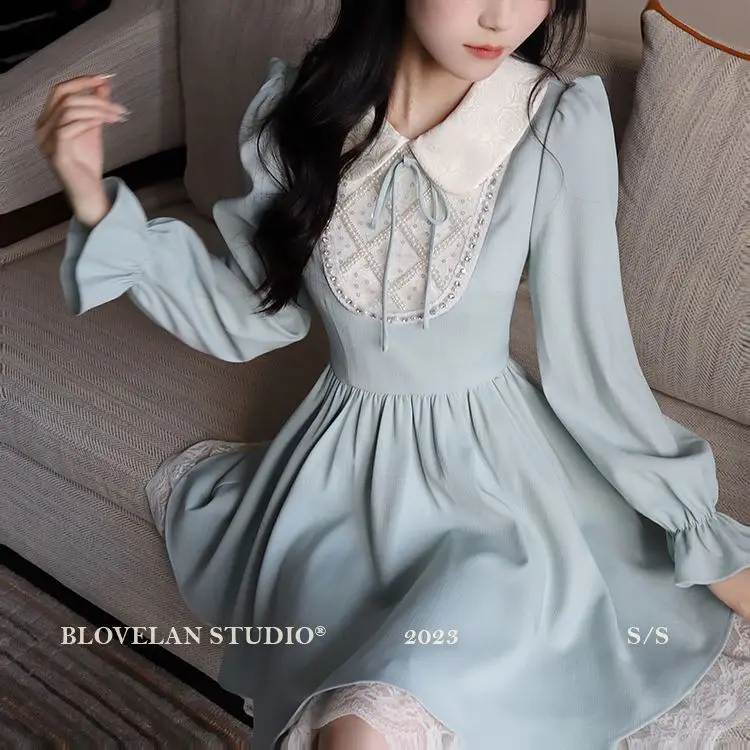 

Japan Temperament Doll Collar Long-Sleeved Dress For Women Autumn New Lace Splicing Beaded Waist Slimming Skirt