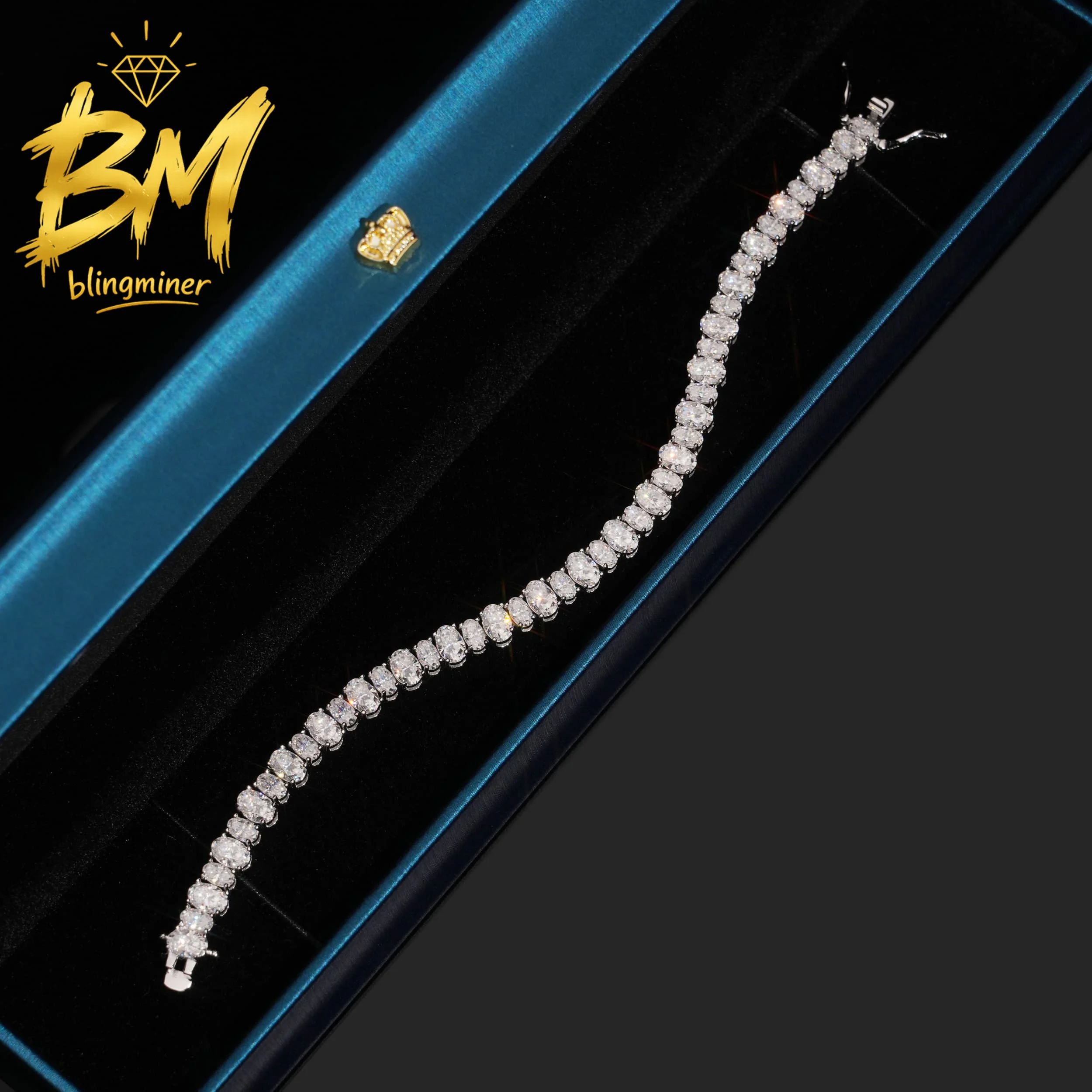 Blingminer New Oval VVS Baguettes Moissanite Tennis Bracelet Iced Out Hand Chain For Men Women S925 Silver Jewelry Pass Diamonds