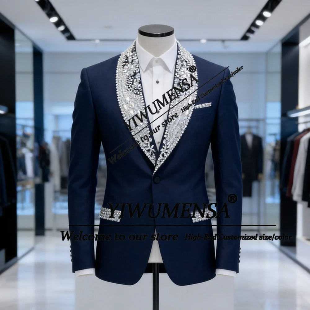 

Brilliant Beaded Stones Suit Men For Wedding Single Breasted Prom Blazers Customized Man Formal Party Attire 2 Pieces Tuxedos