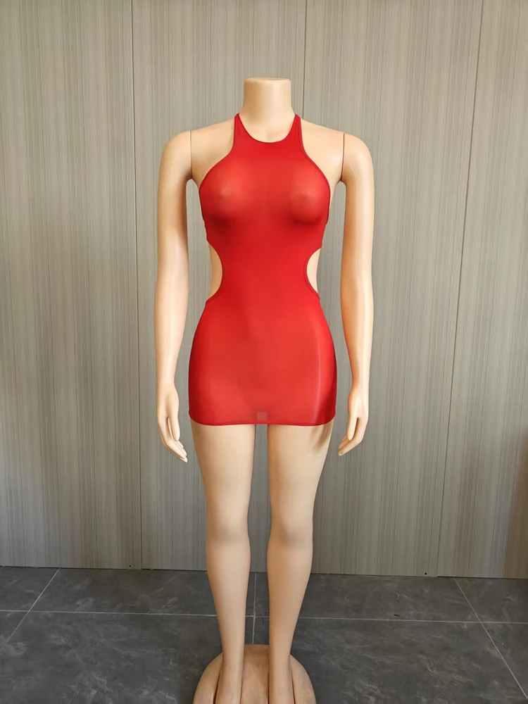 Sexy Neckholder-Minikleid aus Mesh für Damen, seitlich ausgeschnitten, durchsichtig, figurbetont, dehnbar, kurzes Kleid für Nachtclubs, Partys und Ausgehzwecke. – Detail 12