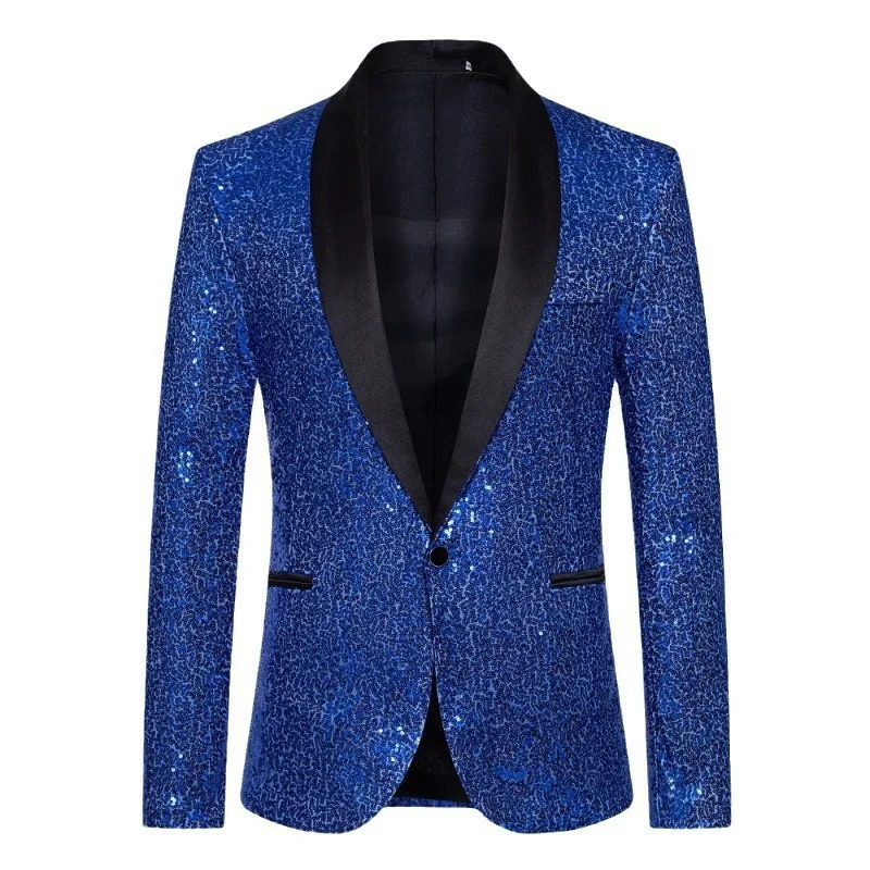 KIDWHXR Man Blazer Turn Down Collar Contrast Color Sequin Male Suit Coat Long Sleeve Breathable Stage Party Man Outerwear