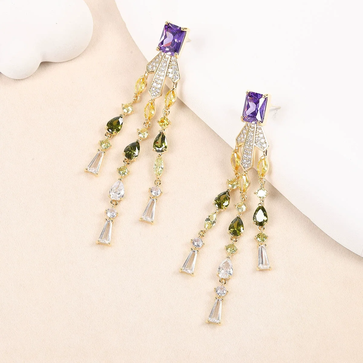 

925 Silver Needle Luxury Amethyst Multicolor Gemstone Tassel Drop Earrings, Elegant Party Statement Jewelry Gift for Women