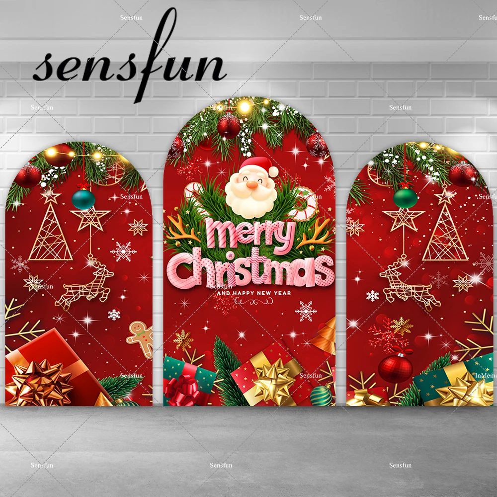 

Red Merry Christmas Arch Backdrop Cover Santa Claus Xmas Tree Gift Chiara Wall Party Decoration Photography Backgrounds