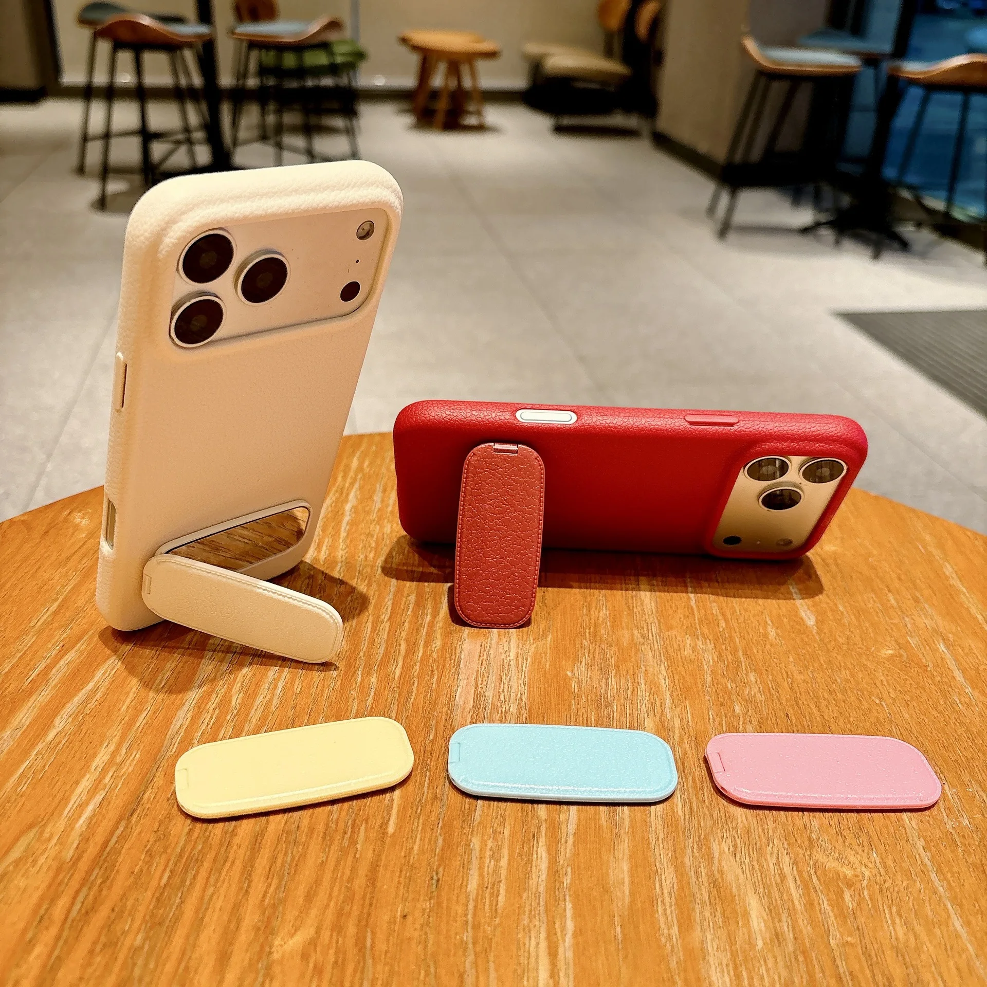 Folding Makeup Mirror Push-Pull Phone Grip Holder Adhesive Sliding Phone Stand Anti-Drop Finger Strap Vintage Leather Texture