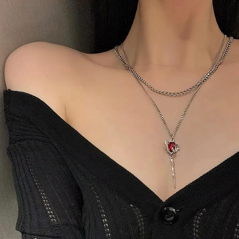 Double Layer Red Zircon Rose Pendant Necklace Layered Flower Stone Chain Necklaces Irregular Floral Aesthetic Fashion Necklace