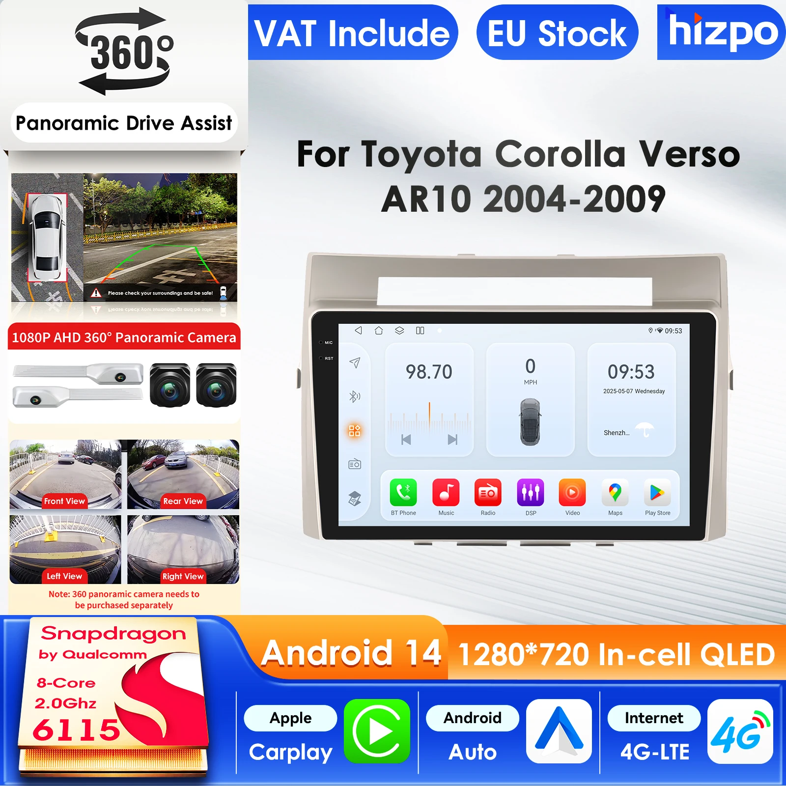 Hizpo Autoradio für Toyota Corolla Verso AR10 2004 - 2009 Audio-Multimedia-Player CarPlay Android Auto GPS Bluetooth Autoradio 9 Zoll Intelligenter Bildschirm QLED-Display Automotive Head Unit