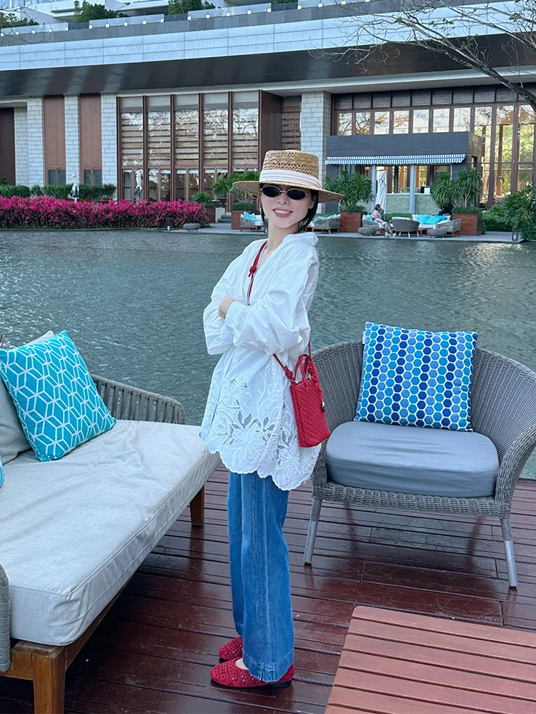 

Женская свободная рубашка Gold Su One White из плотного хлопка с вышивкой, длинными рукавами и защитой от солнца, в повседневном стиле