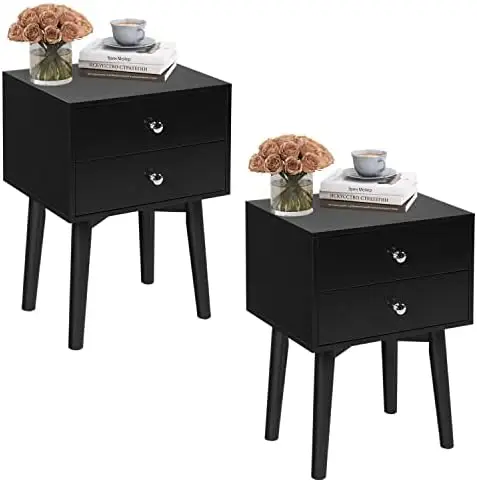 

Black End Table Bedroom Nightstand with 2 Drawers, for Bedroom, Living Room, Table Wood Cabinet , Black Finish 2 Set Rattan