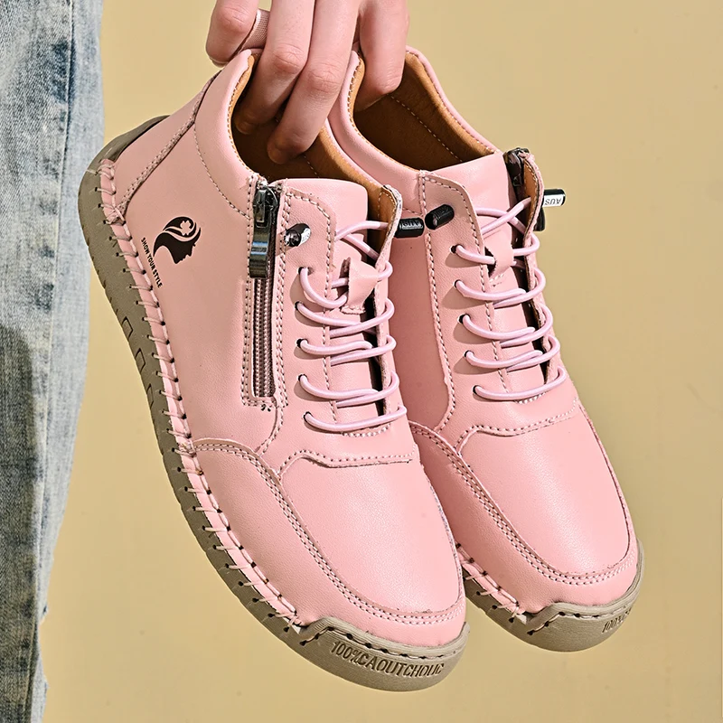 New Women's Boots British Style Retro Women Ankle Boots Fashion Mid Top Flat Casual Shoes Handmade Leather Women's Shoes