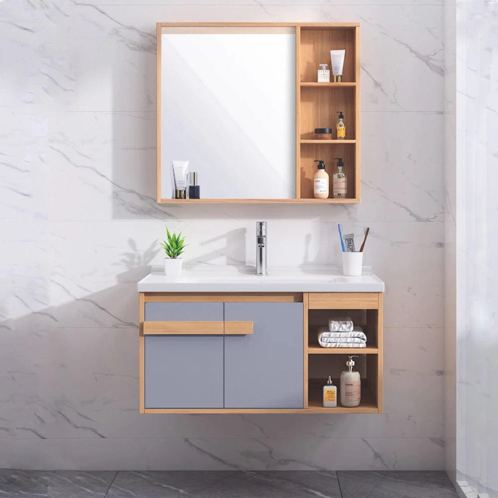 Wall Mounted Waterproof Mirror Hanging Washbasin, Plywood Dressing Table, Rectangular Bathroom Cabinet