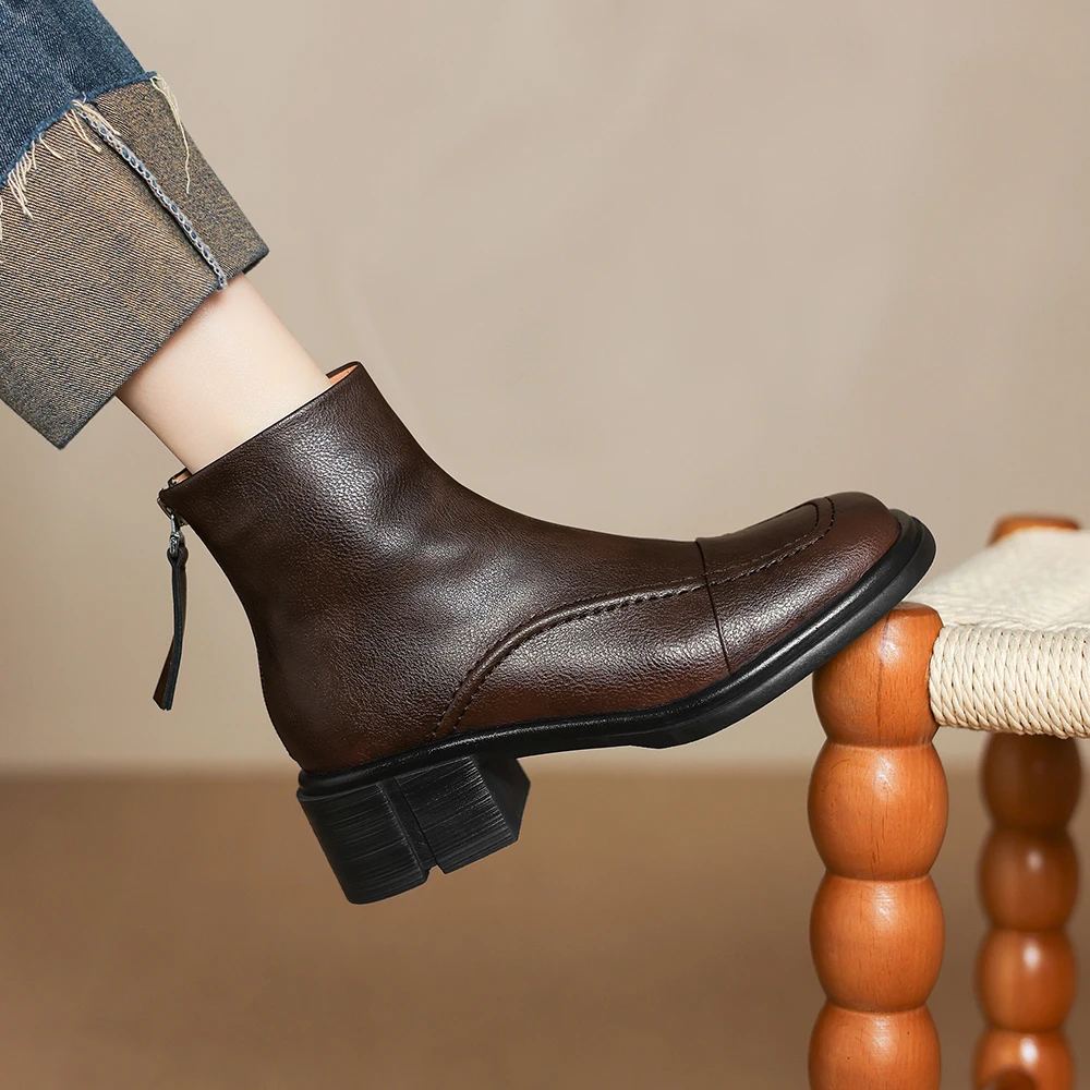 Aucegi النمط الكلاسيكي جلد طبيعي شتاء دافئ الثلوج حذاء من الجلد النساء ساحة تو سميكة عالية الكعب عودة سستة ركاب الأحذية #5