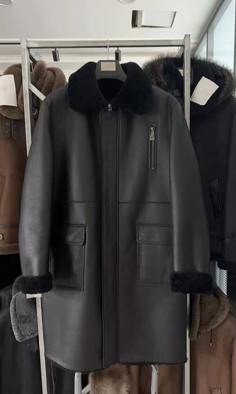 Denny&Dora Men's B7 Shearling Jacket Sheepskin Coat - Black Winter Warm Jacket Mid-Length, Customized Product