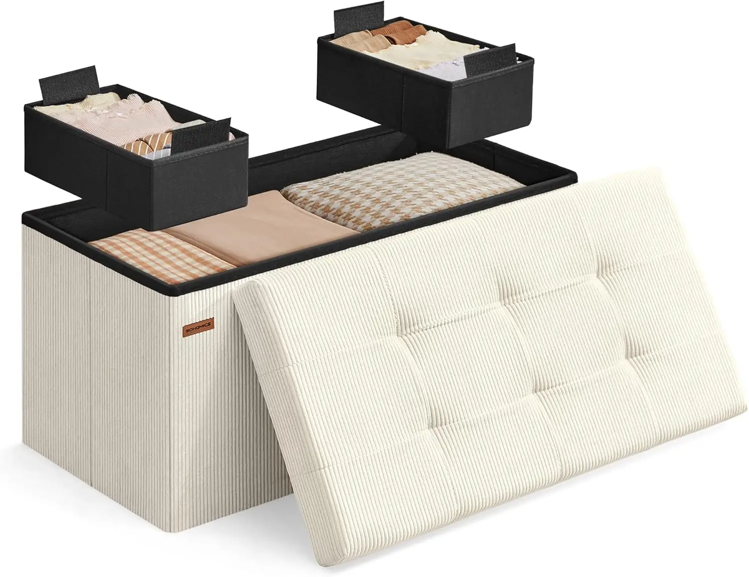 

Складная скамья-пуф для хранения, 15x30x15 дюймов, грузоподъемность 660 фунтов, кремово-белый цвет, для гостиной, спальни, прихожей