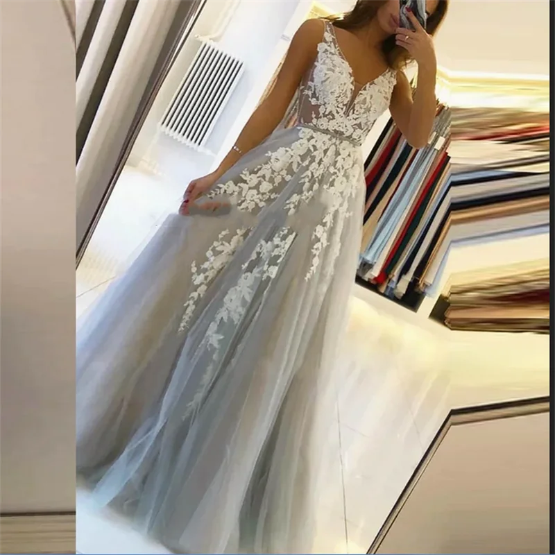 

Длинные платья для выпускного вечера с V-образным вырезом по индивидуальному заказу 2025 для женщин, сексуальное серое летнее вечернее платье с открытой спиной, белое кружевное вечернее платье в Дубае