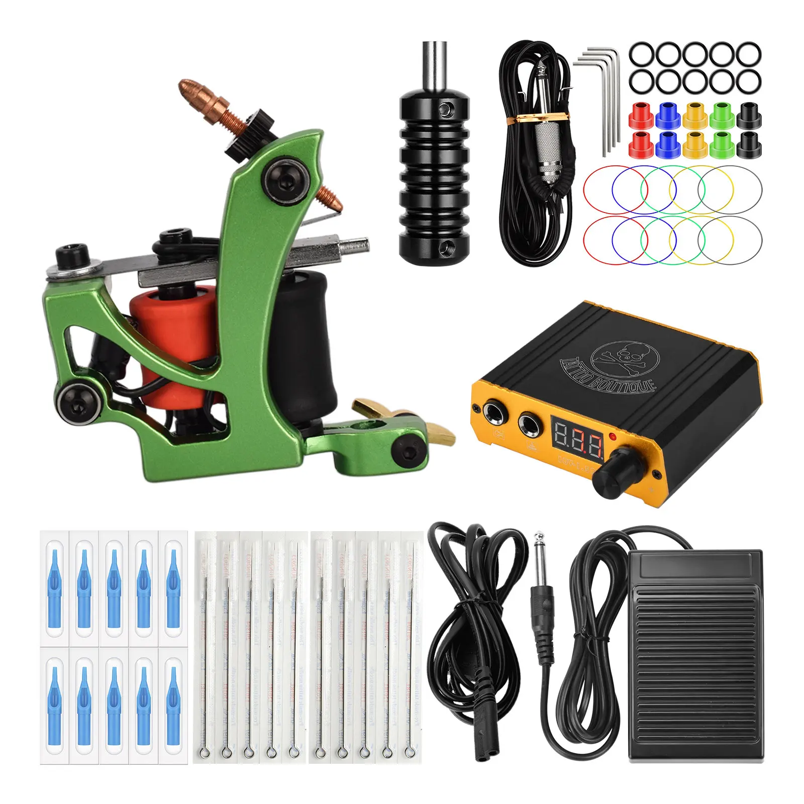 

JimKing Coils Machine Kit with Tattoo Power Supply Foot Pedal Tattoo Needles for Lining Shading Foot Switch Pedal Clip Cord