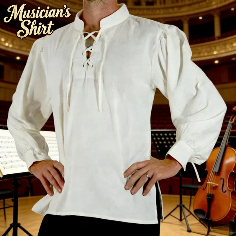 Medieval Loose Retro Men Shirt with Straps Lapel for Role Play Party Costume