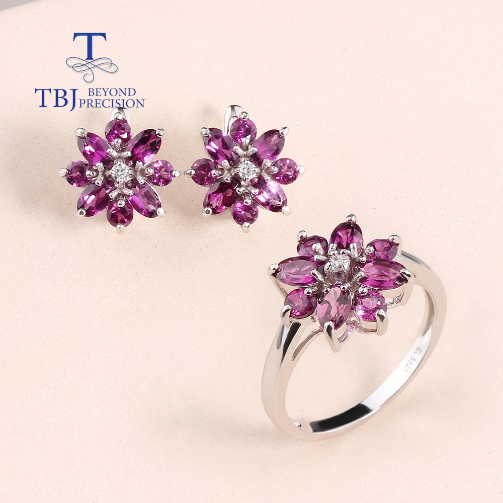 

Natural Rhodolite Garnet Flower Design Ring Earrings Jewelry Set 925 Silver Fashion design women fine jewelry daily wear