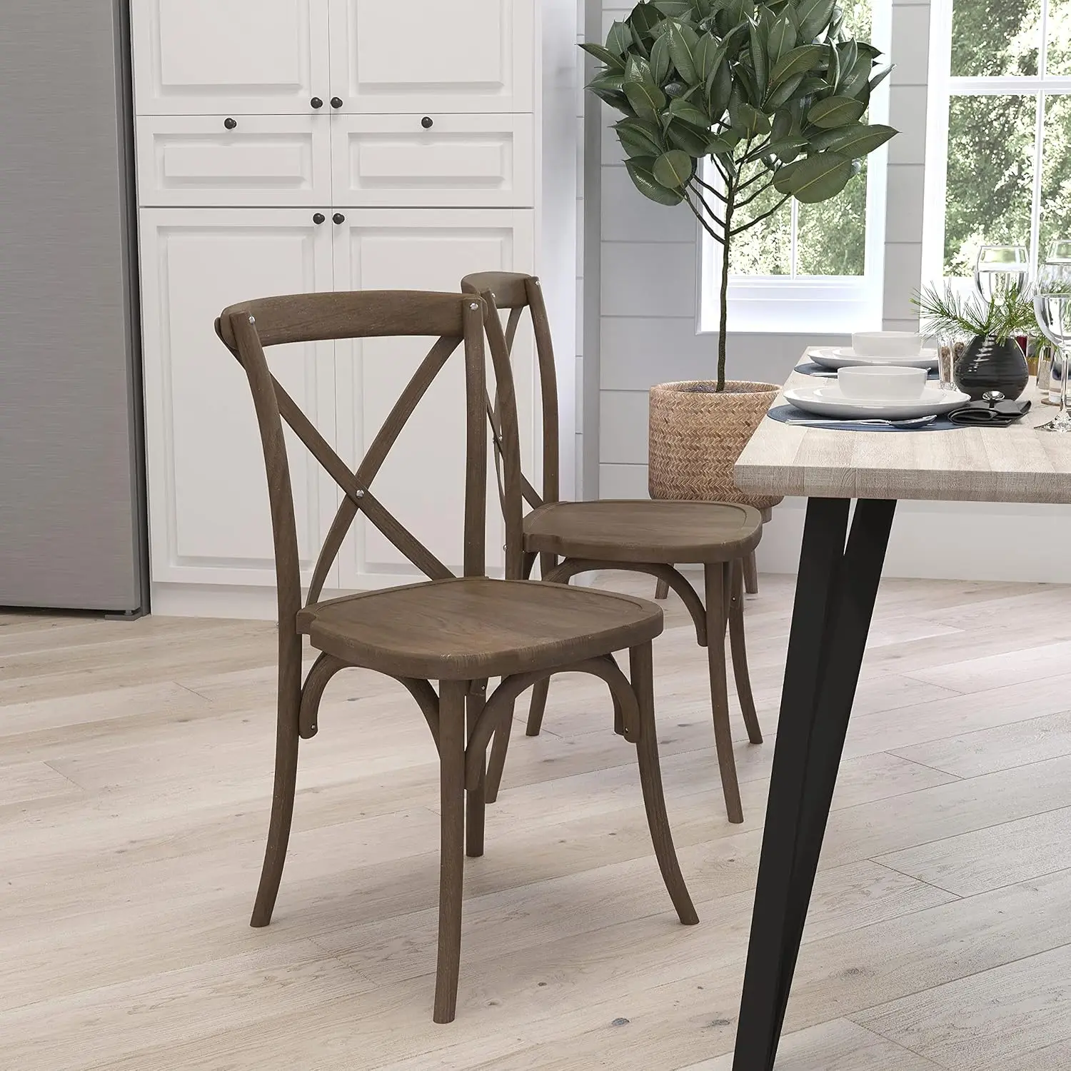 

X-Back Wooden Dining Chair Stackable High-Back for Kitchen & Dining Room, Dark Natural, Customized