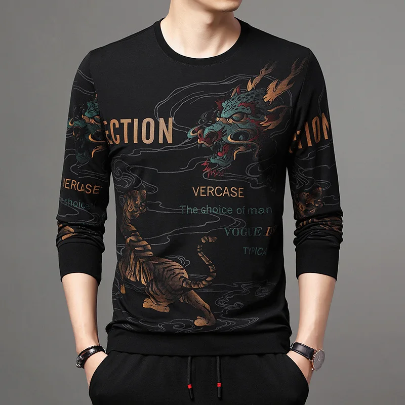 

2024 autumn new men's middle-aged and young round neck Korean printed fashionable casual long sleeved T-shirt sweatshirtkorean f