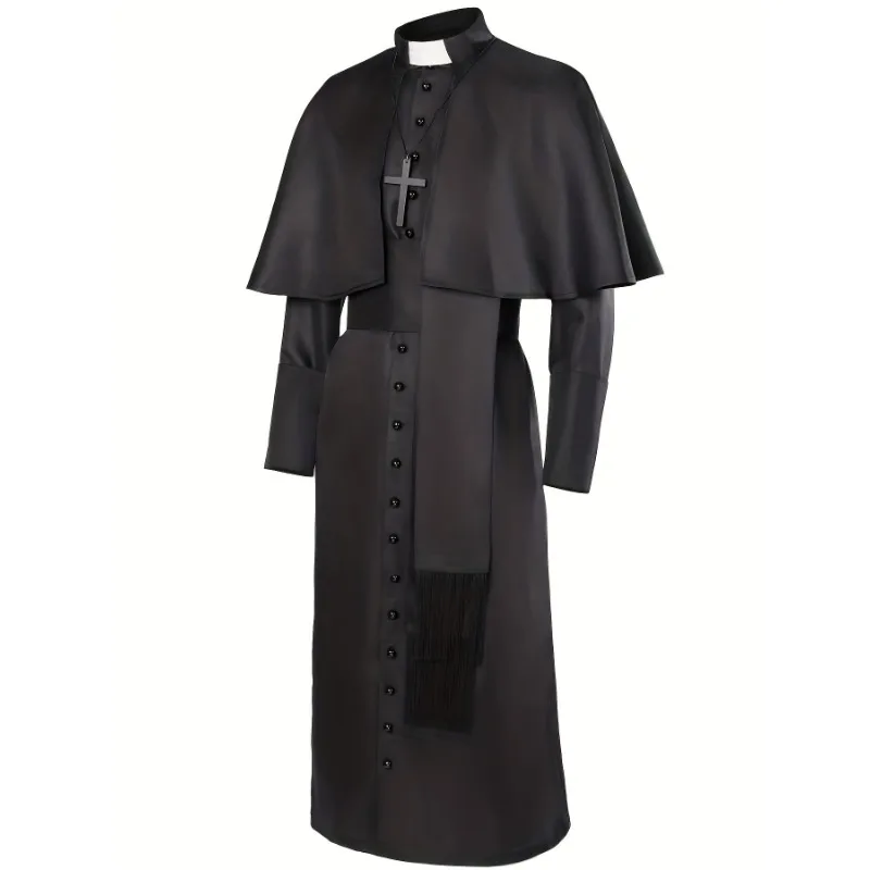 4PCS/SET Halloween Cosplay Costume Polyester Vintage Priest Robe Set With Cross Accessory Stand Collar Long Robe Party Stage