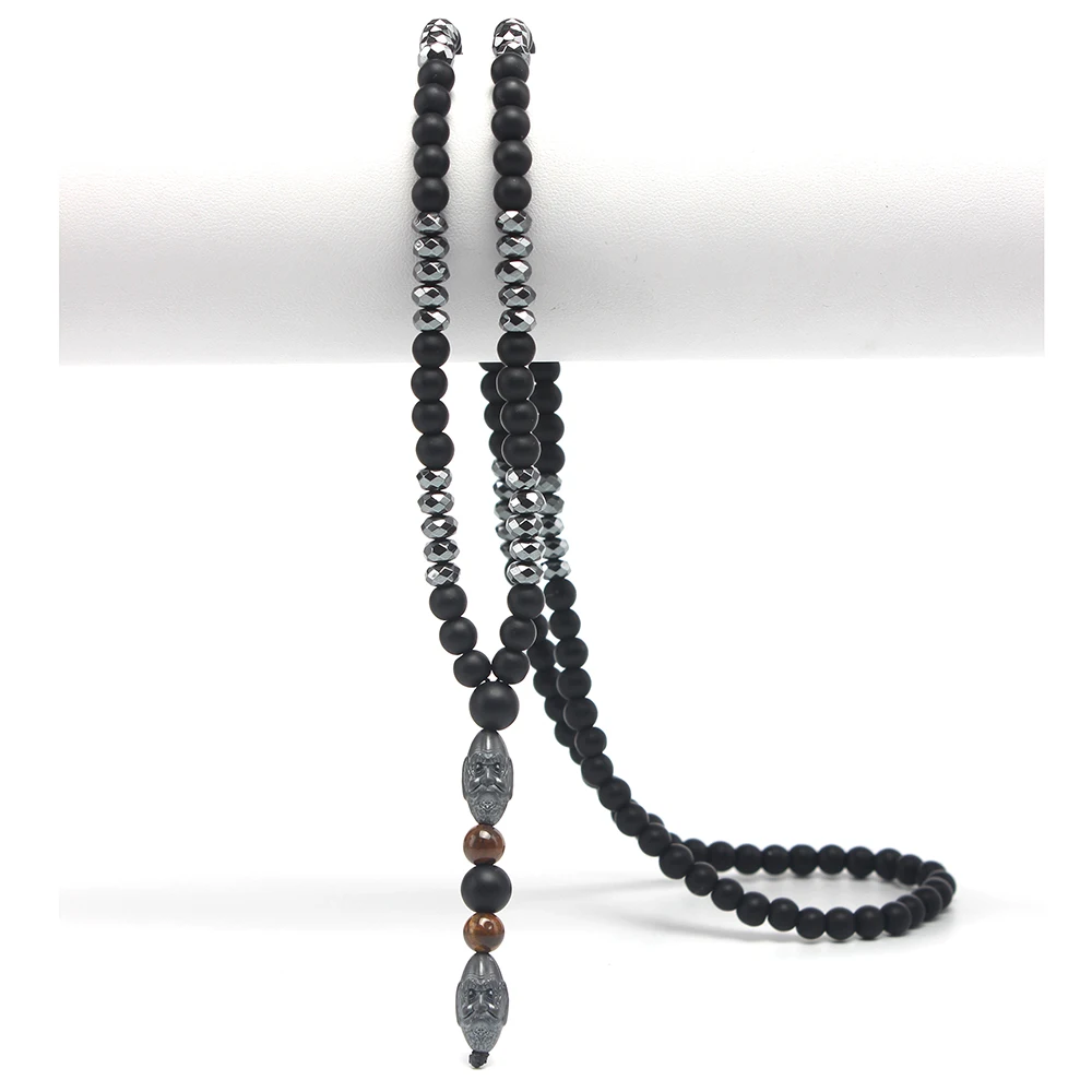 Black Obsidian Round Beads Hematite Old Man Head Pendant Y Necklace Men\'s Jewelry
