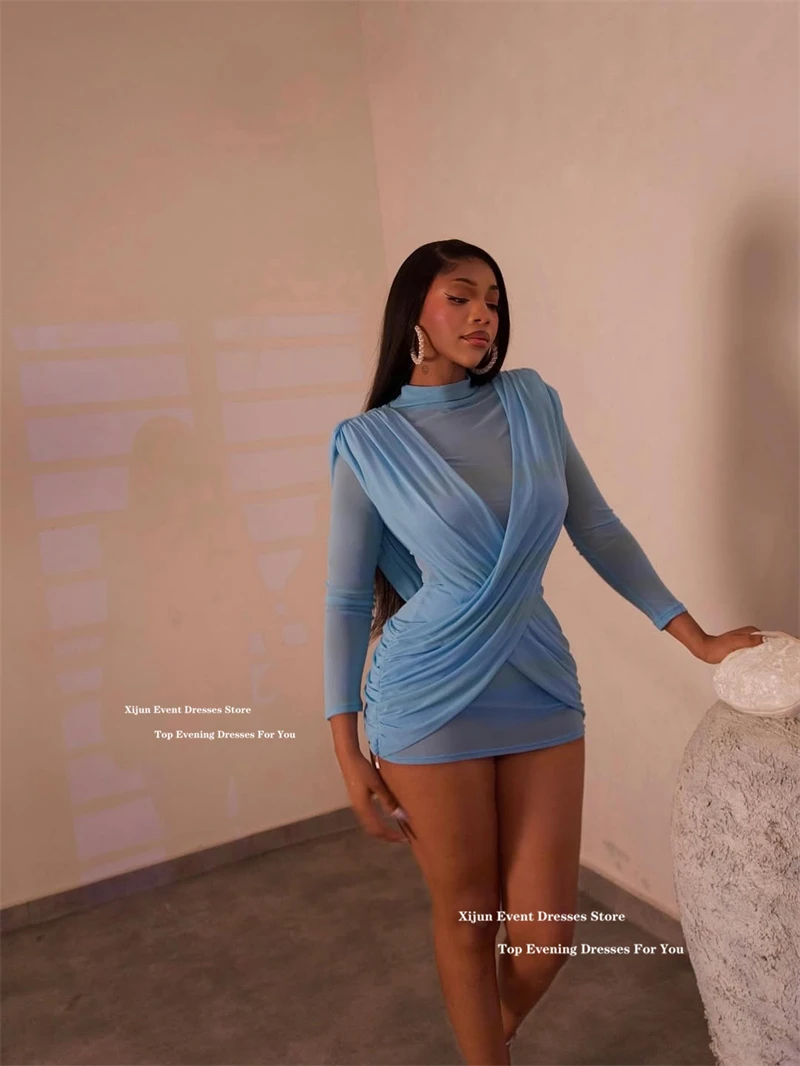 Xijun Sexy Blue Mini Evening Dresses Elastic Long Sleeves Cocktail Dresses Pleated Birthday Party Club Prom DressesCustomized
