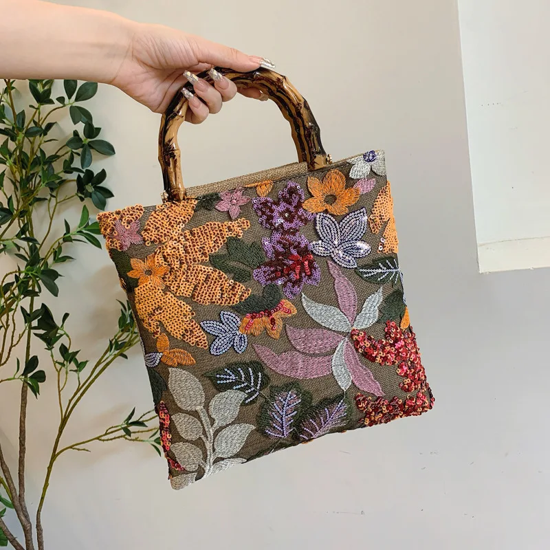 New bamboo tote bag high-end color sequins retro women's hand carry heavy industry embroidery tide dinner bag