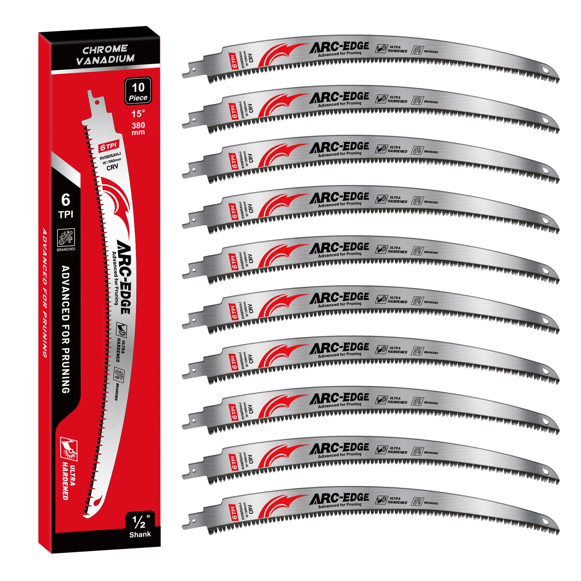 10PC Arc Edge Reciprocating Saw Blades 15-Inch Extra-Long Wood Pruning Saw Blades for Tree Trimming, Larger Branches, Wood Cutting, 6TPI Chrome Vanadium Steel Fleam Ground Teeth, Up to 3x Life