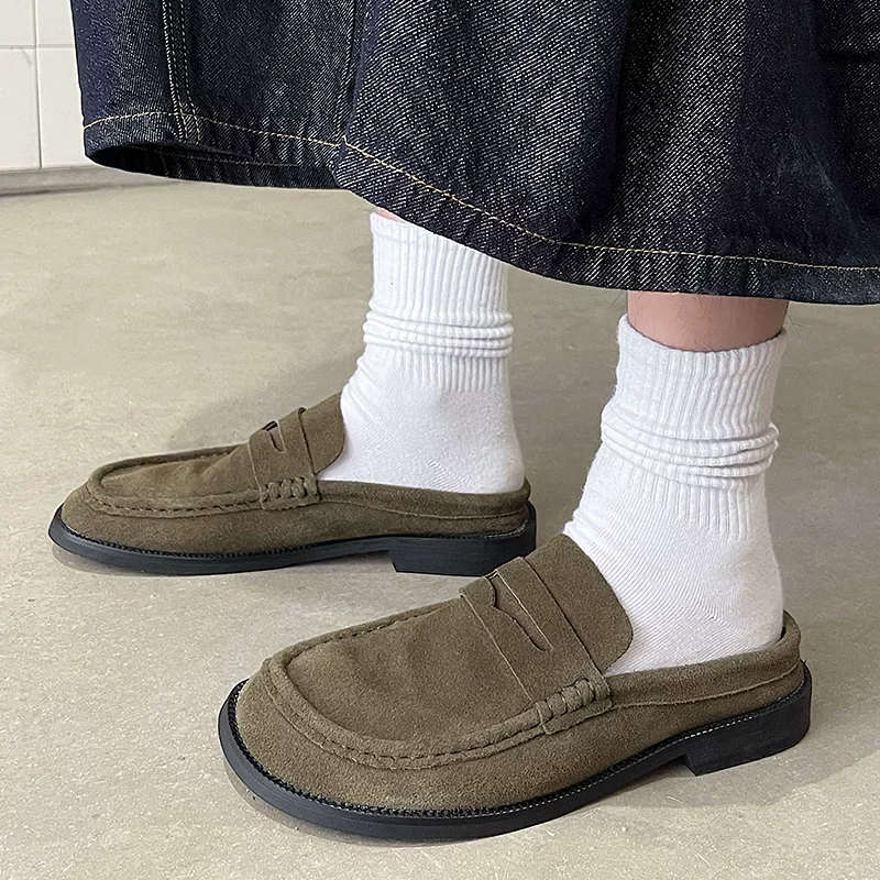 

Retro Olive Green Brown Suede Leather Slippers for Men Round Toe Solid Color Slip On Casual Comfortable Office Business Loafers