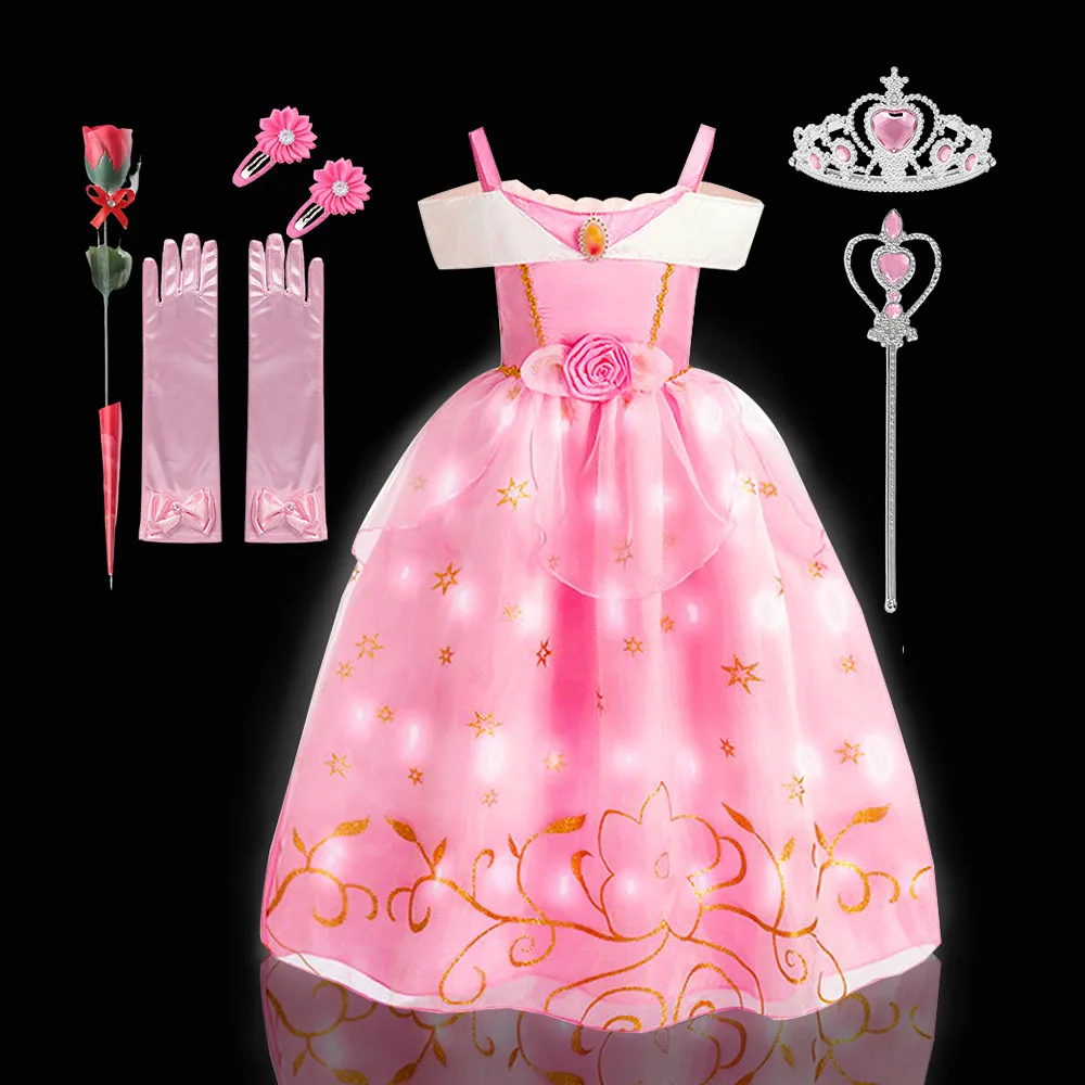 2PCS LED Light Up Sleeping Beauty Pink Princess Dress for Kids Girl Off Shoulder Aurora Costume Fancy Carnival Party Outfits