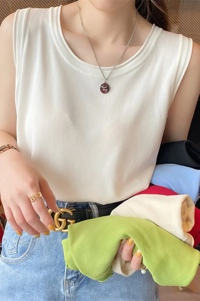 

Белый вязаный базовый жилет для женщин, топ без рукавов, летняя модная повседневная одежда, чистый стиль...