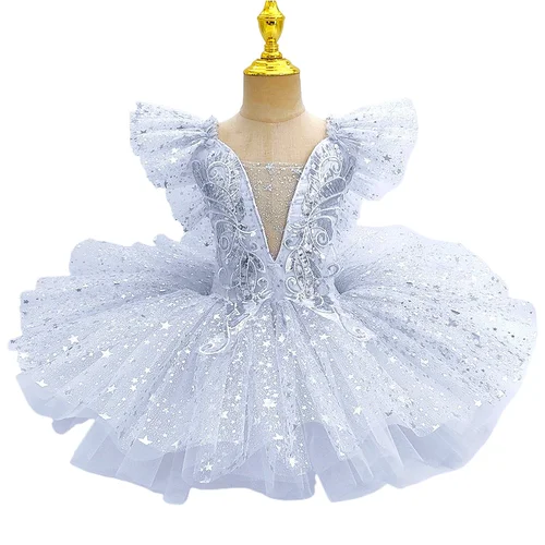 Imagen 2 del producto Vestido de Ballet con lentejuelas para niños, ropa de actuación, faldas de baile modernas plateadas para niñas, tutú de Ballet para niños, disfraces de fiesta de princesa