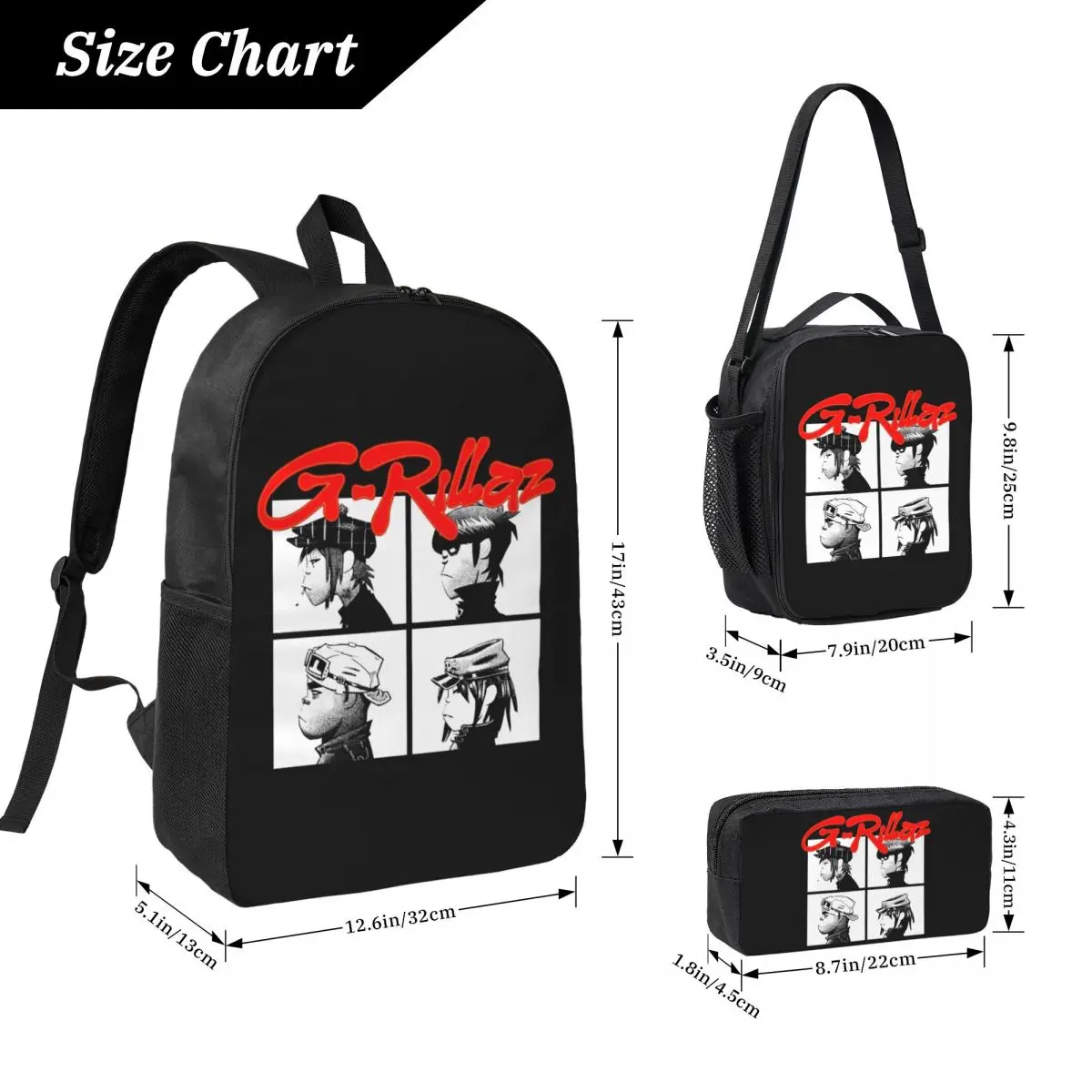 Gorillaz Music Band Gothic Backpack Boys Girls BookBag School Bag Computer Shoulder Bags 3ps Insulated Lunch Bag Pencil Case