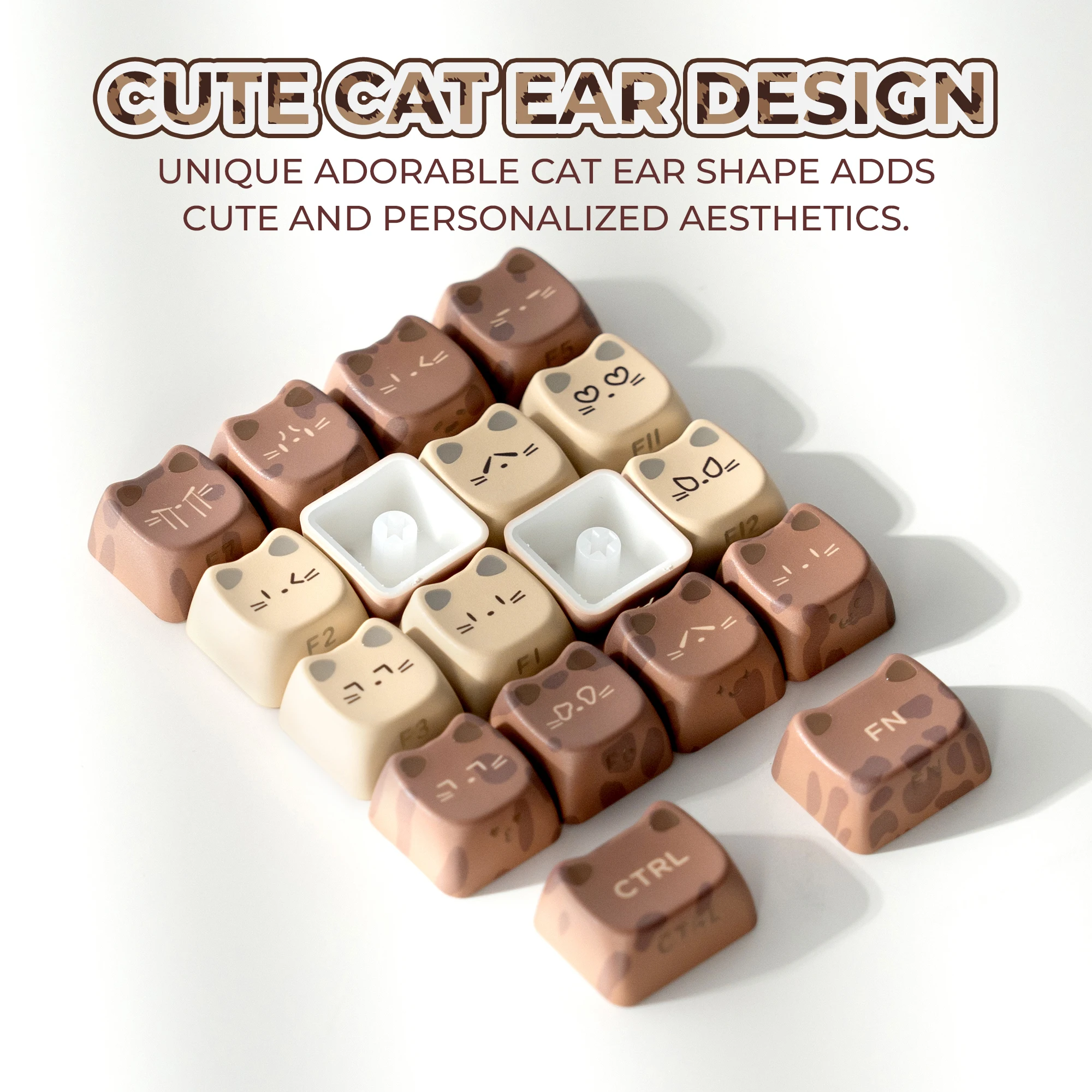 Brown Leopard MAO Profile Keycaps, Cute Cat Ear Shape Shine Through Key Caps for Custom Mechanical Keyboard 119 Keys