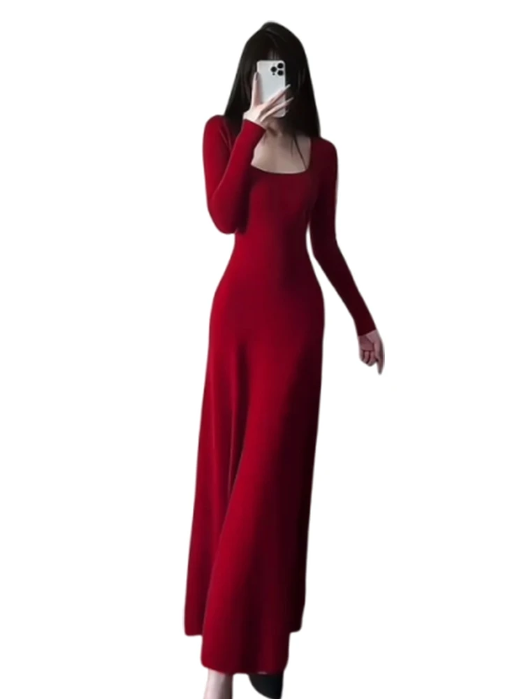 Vermelho de malha dr feminino outono inverno ano novo cintura alta saia longa macio e confortável coreano sle interior usar camada base