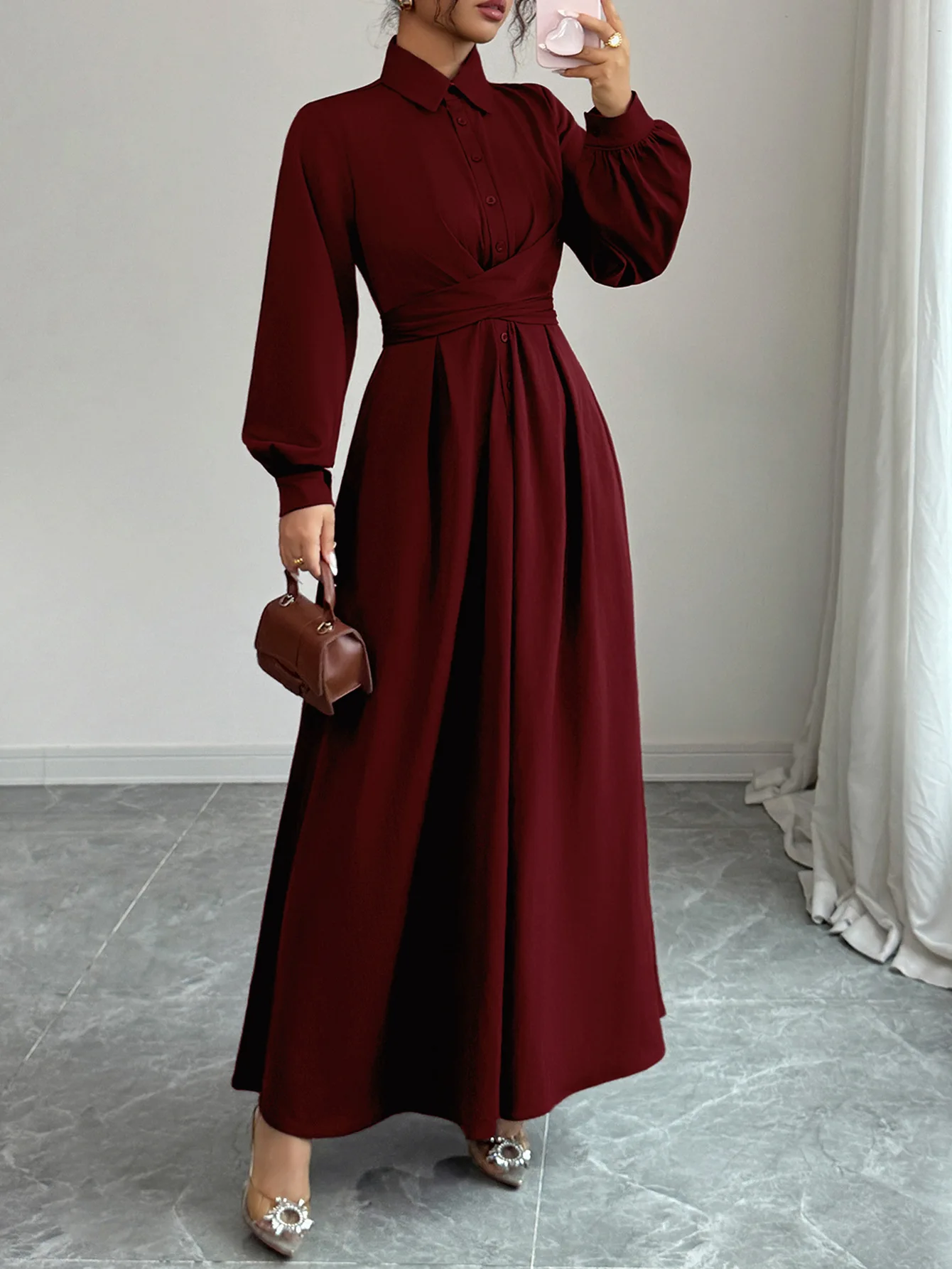 

Autumn Lapel Tie Waistband Lantern Sleeve A-Line Shirt Dress for Women, Elegant Slim Fit Button Front Long Sleeved Shirt Dress