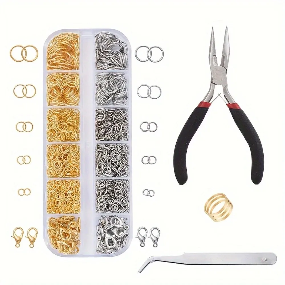 

1200 Pcs New Silver Gold Repair Kit With Plier Tweezer Multi-size Ring Lobster Claw Clasps DIY Open Rings Crafts Making