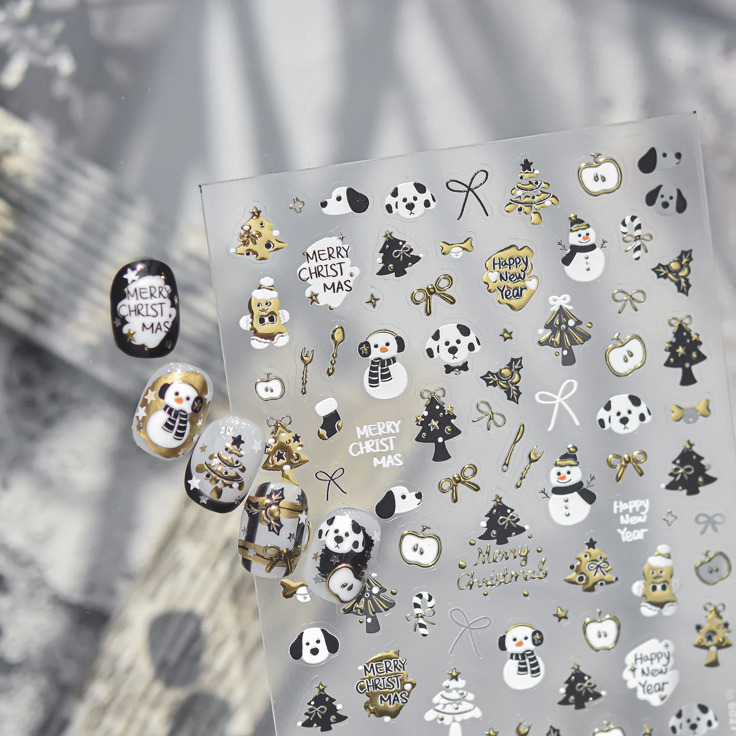 Sweet Cartoon Puppy Xmas 5D Nail Art Stickers Spotted Dog Scarf Snowman Tree Apple Ribbon Bow Candy Cane Star Silver Gold Foil