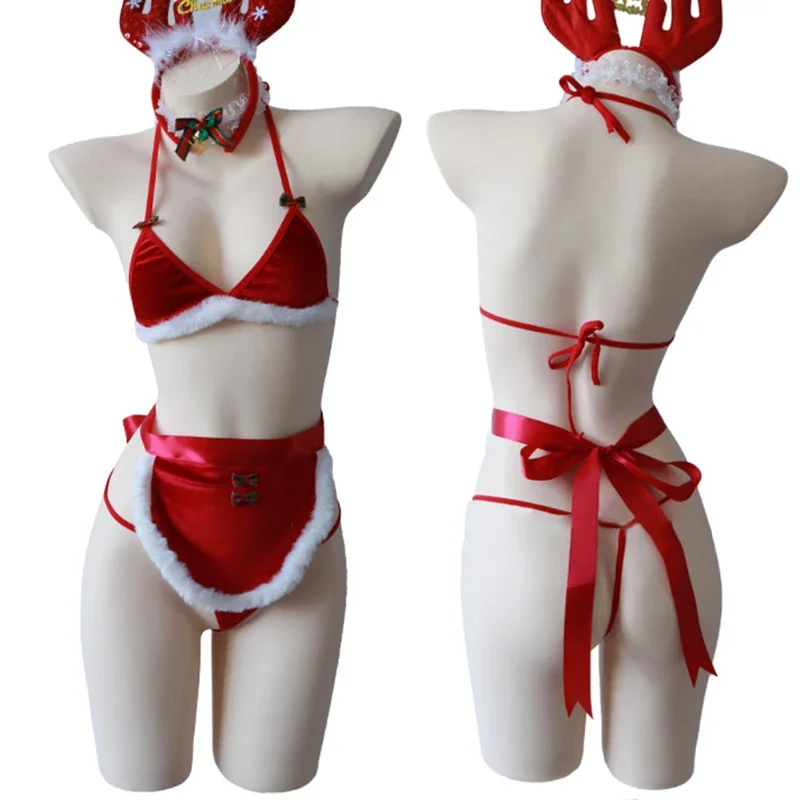 Women Sexy Lingerie Christmas Roleplay Costume Plush Bikini Apron Bracelet Bell Neck Ring Pajamas Lace Up Erotic Outfit Temptati