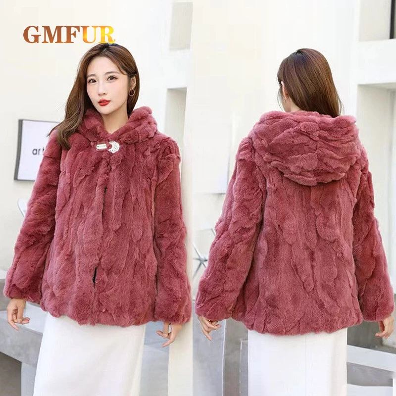 Real Rabbit Fur Hood Furry Coat Woman Luxury Fashion Leather Winter Jacket Women Whole Skin 2024 For Female Natural Tops