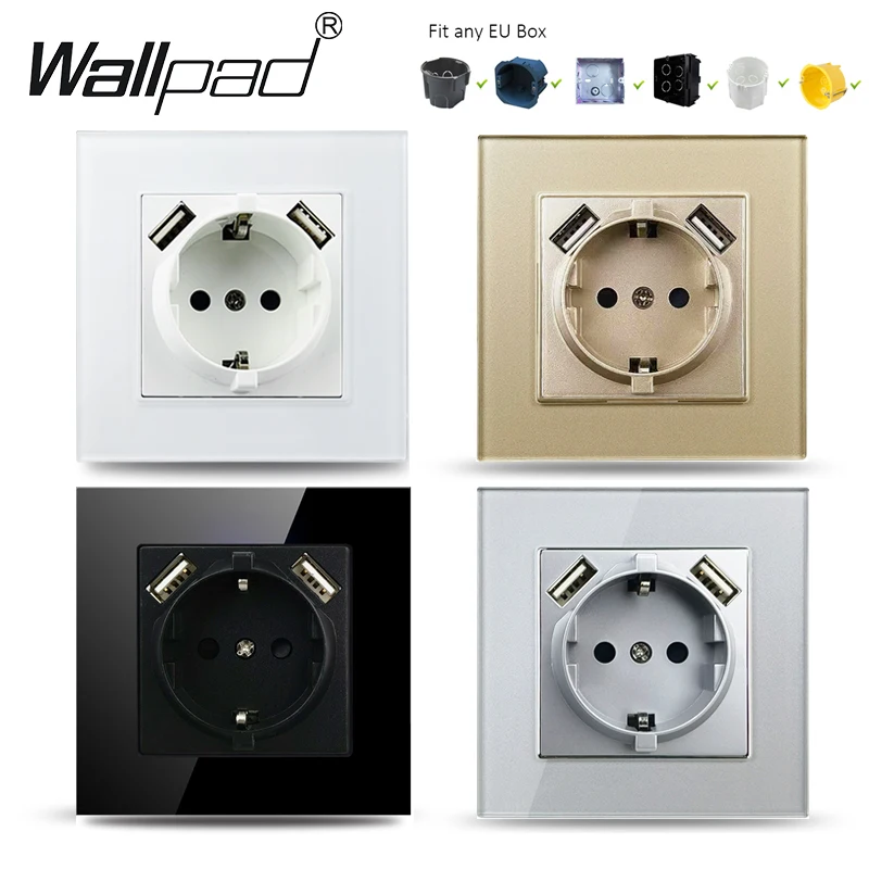 Double EU Socket Luxury 2 Crystal Glass European Electrical Wall Pug with Usb Type C Wallpad For Round Box