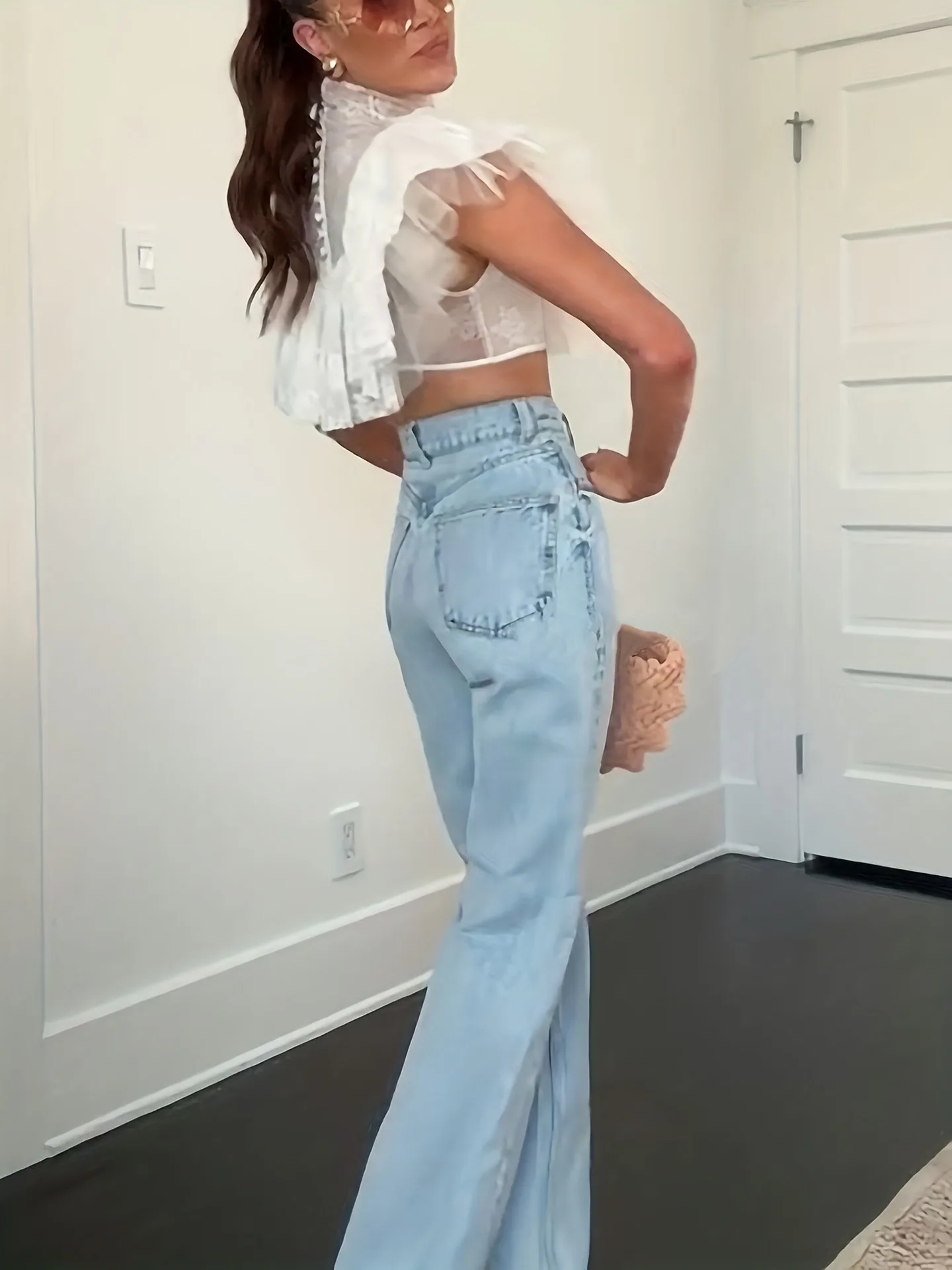 

New Style Women's Sweet Sexy Slimming Top Short Top High Neck Lace Mesh Lace Perspective Stacked Splicing Sexy T-Shirt for Women