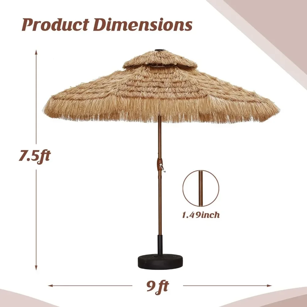 9ft 2-Tier Patio Umbrella with Solar Led Light Thatch Beach Umbrella Outdoor Umbrella Straw with Crank for Patio, Pool, and Beac