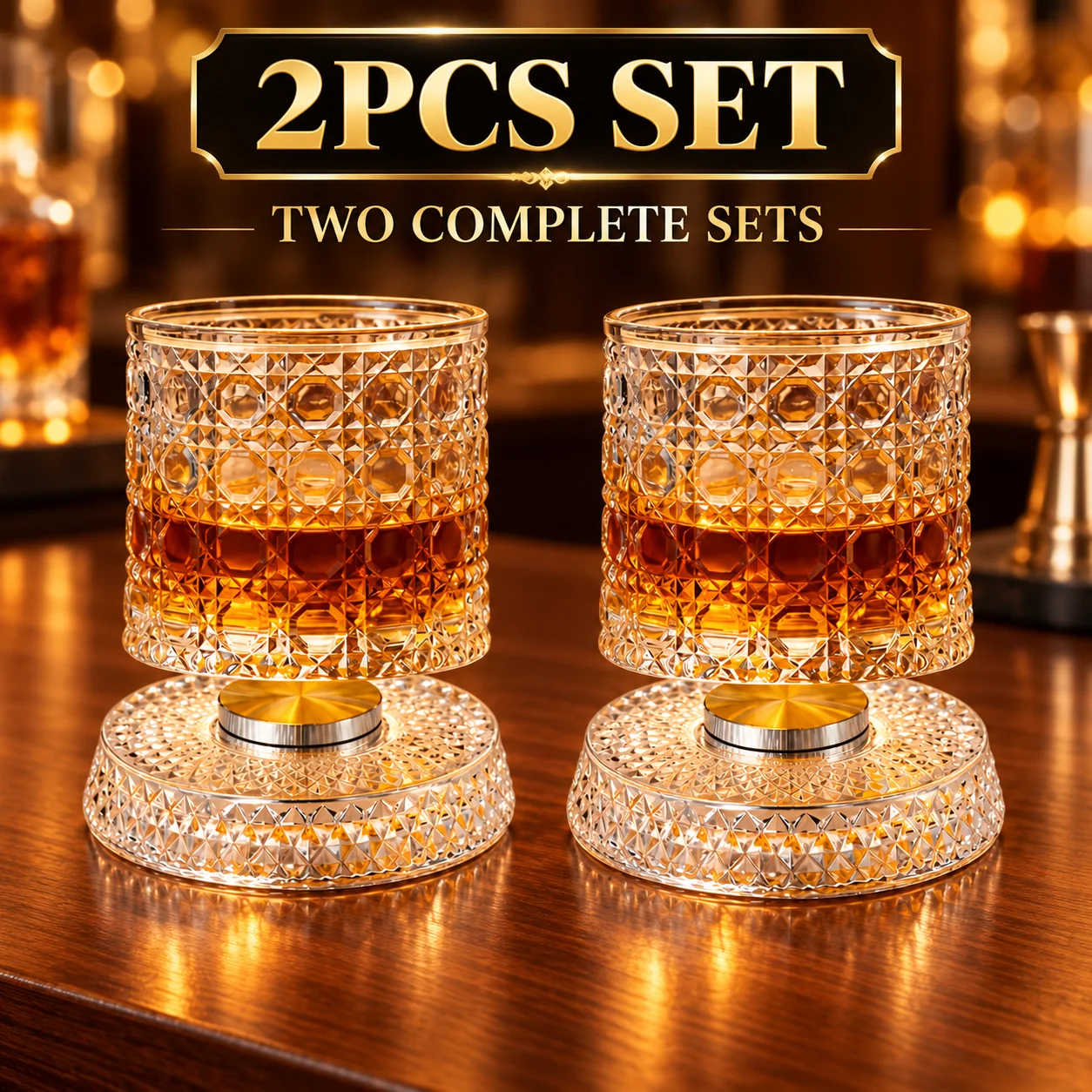 2-delige draaiende whiskyglas, vintage kristallen trommel met diamantpatroon, 360 °   Draaiend whiskycocktailglas, cadeau voor thuisbar of feest