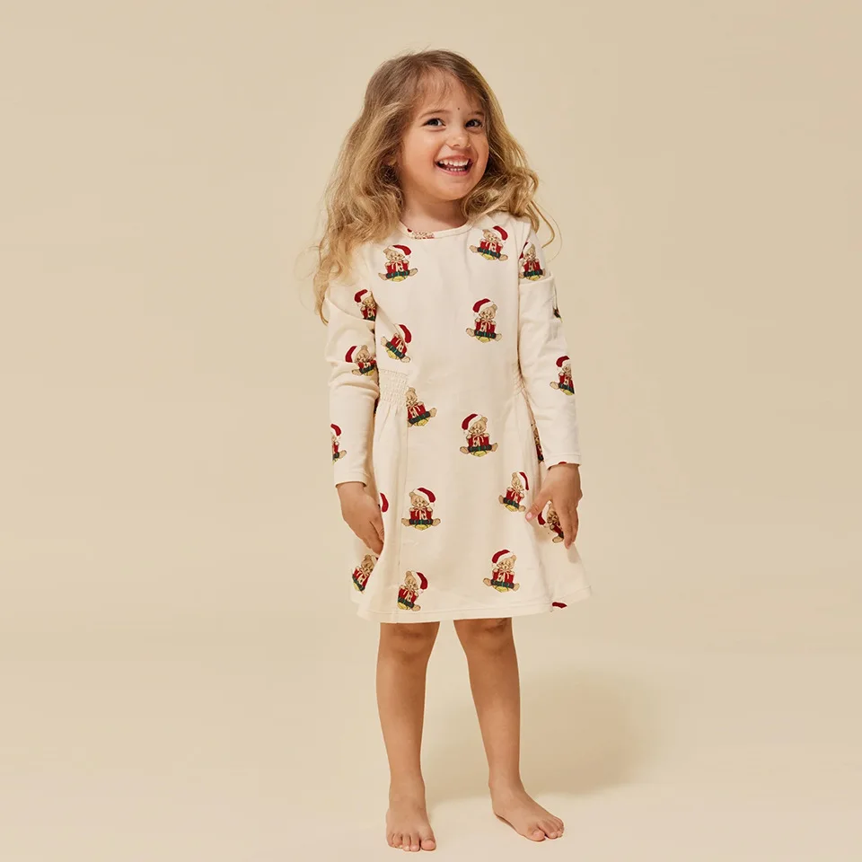 Mother Kids Christmas Bear Autumn Winter New Children\'s Clothes Full Print Long Sleeve Pants Suit Cartoon Dress Home Wear