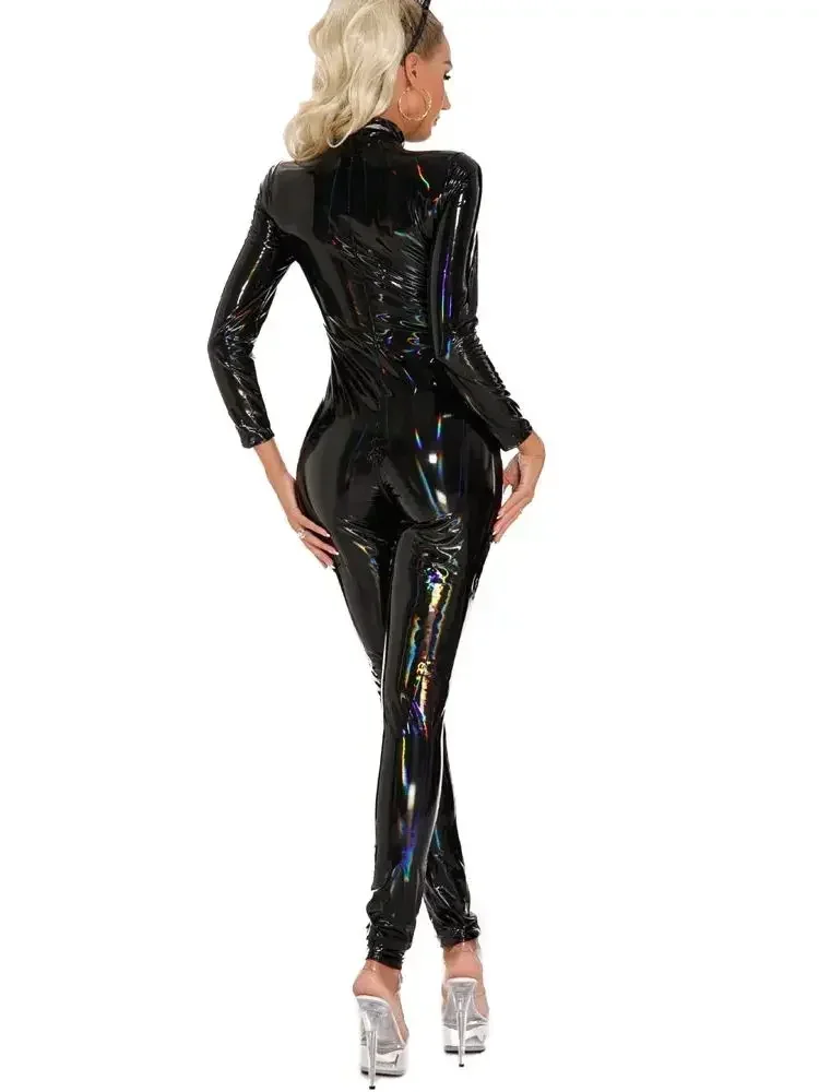 Laser Colorful Cosplay Wet Look PVC Catsuit Shiny PU Leather Zipper Open Crotch Bodysuit Tights Sexy Leotard Conjoined Unitard