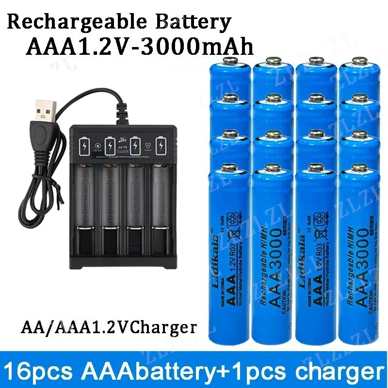 NEW High Quality 1.2V Rechargeable Battery, AAA3000mAh Battery+charger, Alkaline Technology, for Remote Control, Toys/computer